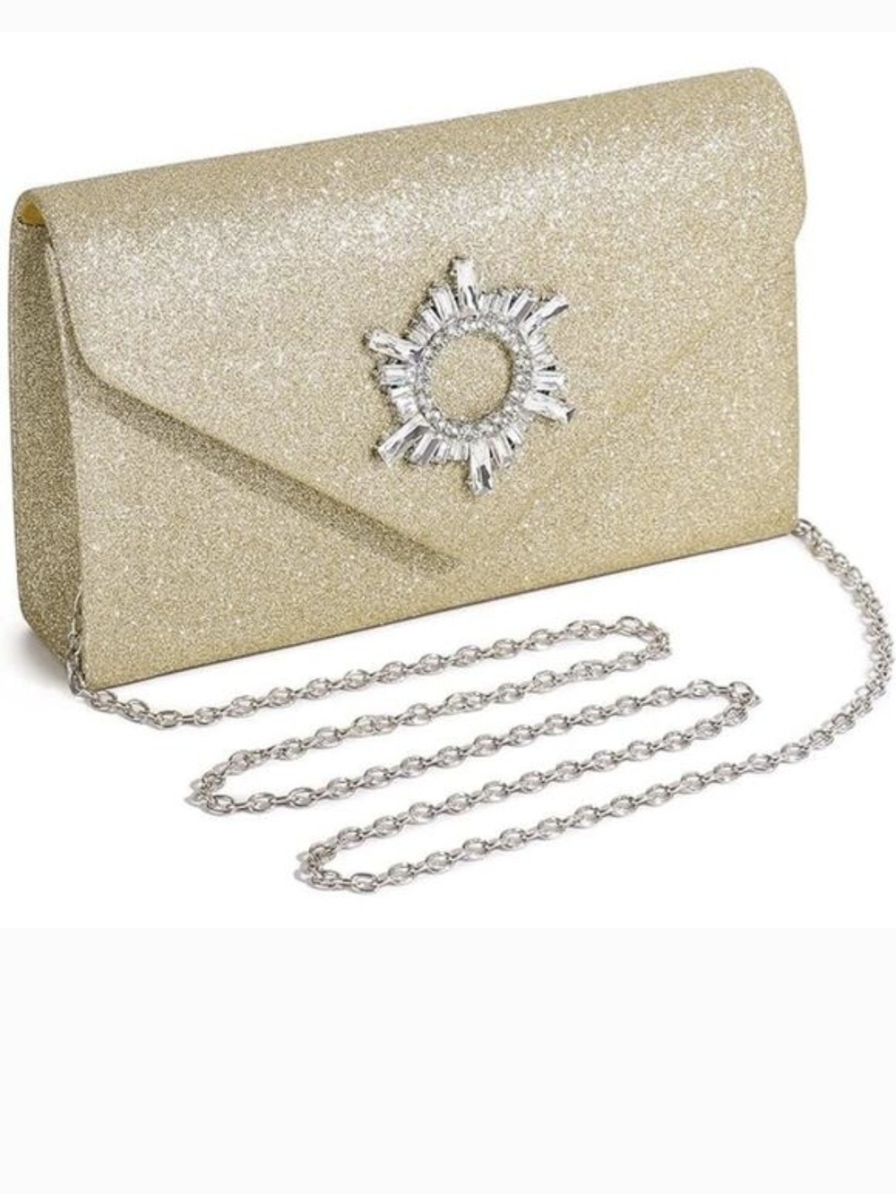 Elegant Gold Glitter Envelope Clutch with Rhinestone Accent